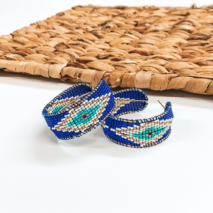 Aztec Pattern Beaded Hoop Earrings in Royal Blue