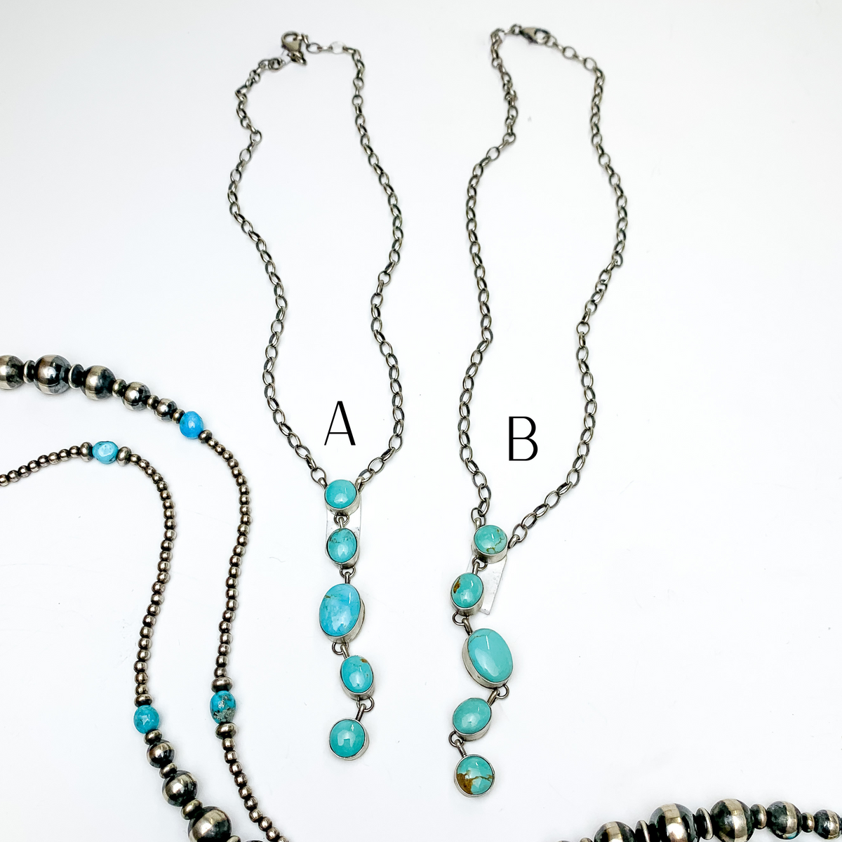 Augustine Largo | Navajo Handmade Sterling Silver Chain Lariat Necklace with 5 Kingman Turquoise Pendants