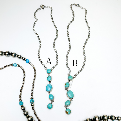 Augustine Largo | Navajo Handmade Sterling Silver Chain Lariat Necklace with 5 Kingman Turquoise Pendants