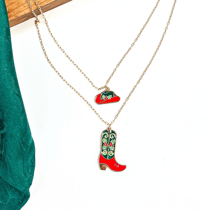 Away For The Winter Double Strand Gold Tone Necklace with Hat and Boot Mistletoe Print Pendant in Red and Green