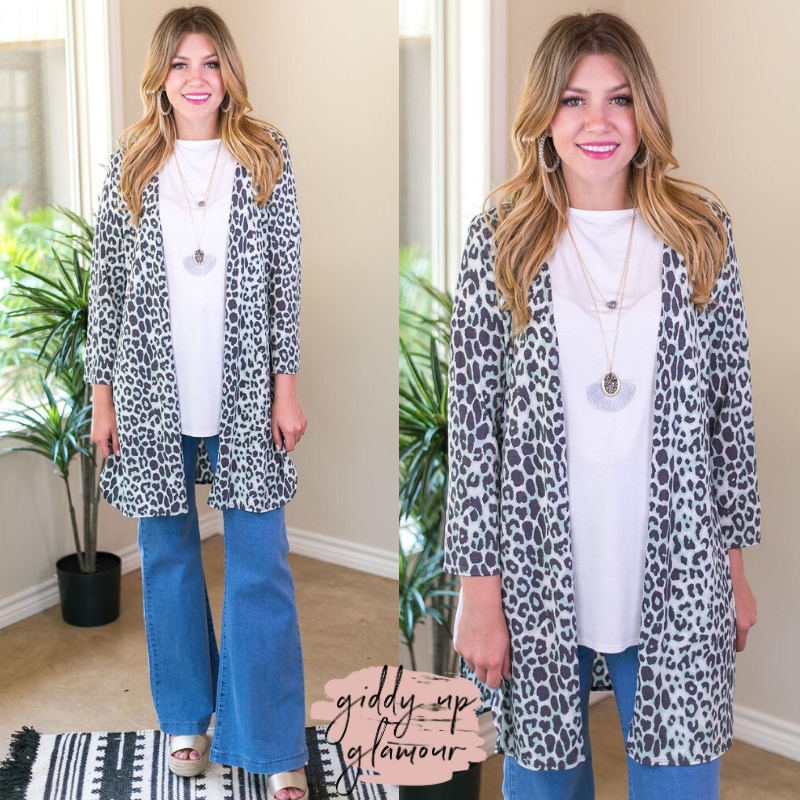 All Eyes On You Leopard Cardigan in Mint and Grey