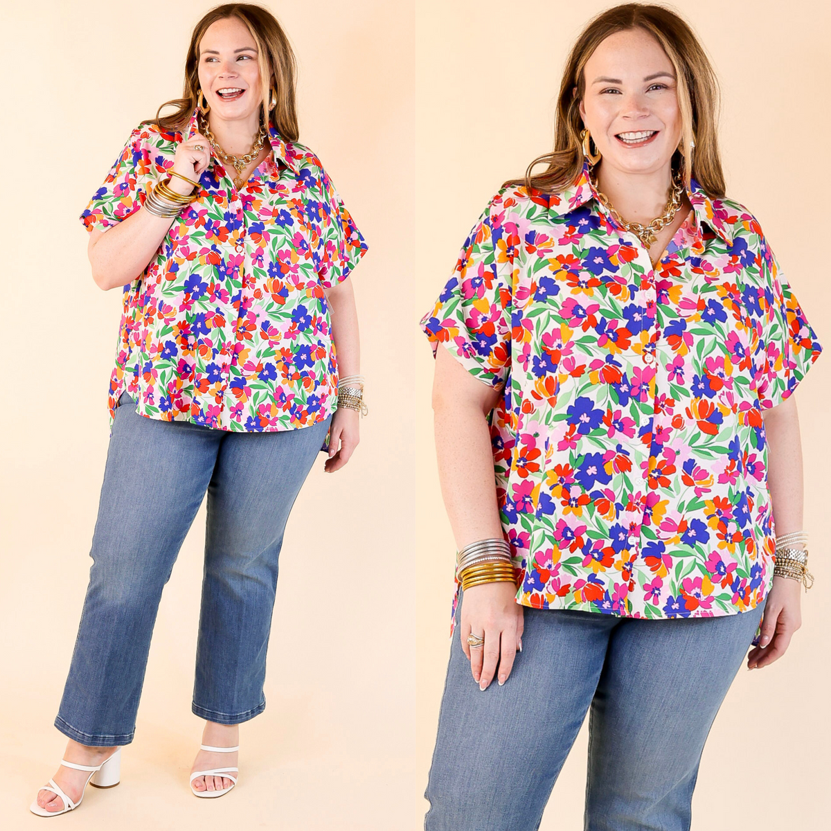 Adventure Awaits Floral Print Button Up Top in Ivory
