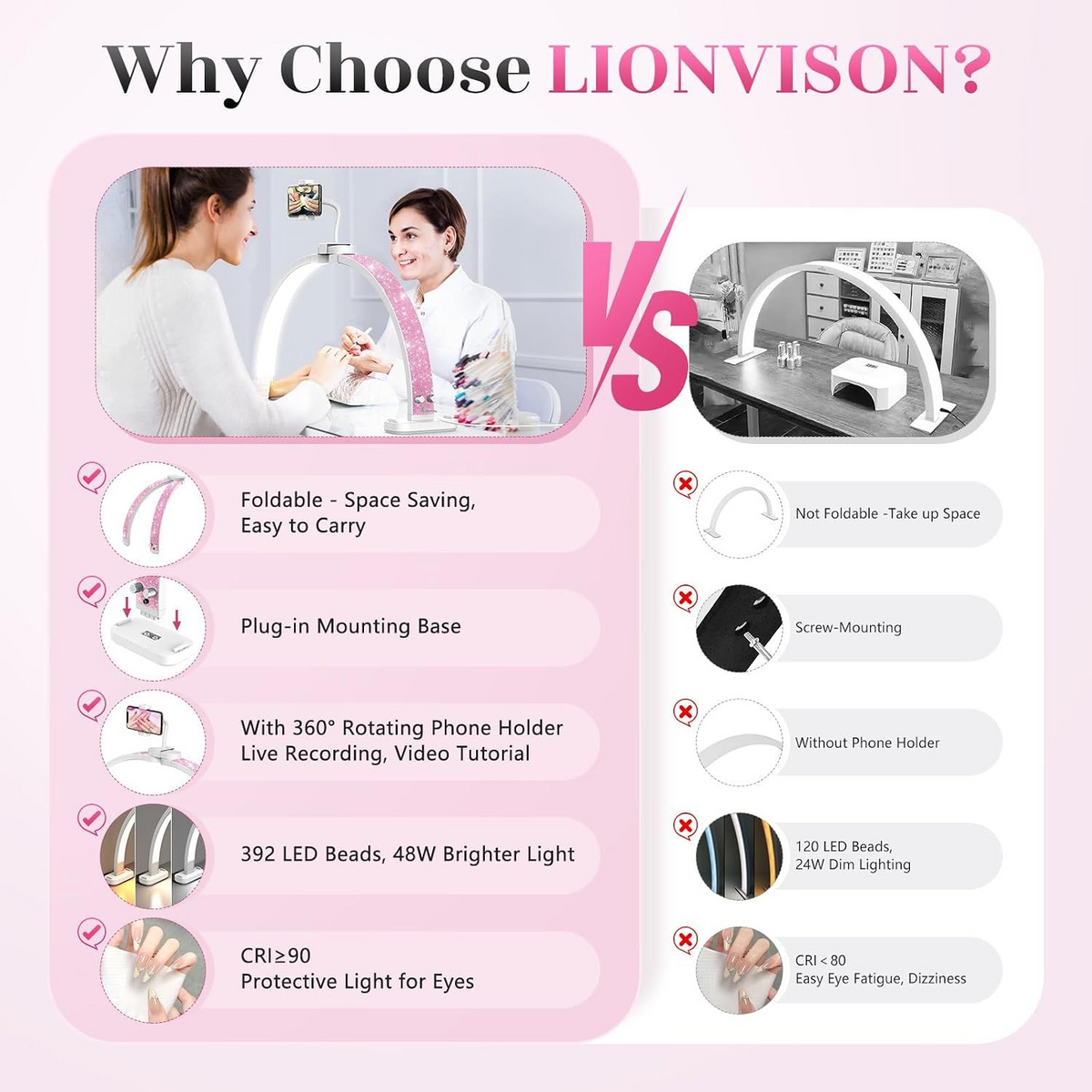 Half Moon Light for Nail Desk: 31-inch Manicure Table Light with Phone Holder